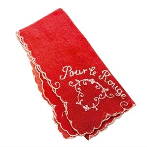 HANKERCHIEF French Red Rouge Embroidered Vintage Retro Cotton 8.5"x8.5"